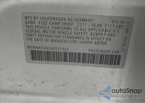 2010 Volkswagen Cc Sport z USA, uszkodzony, nr VIN WVWNN7AN2AE537922